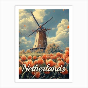 Vintage Dutch Windmill : Tulips and Charm Poster Art Print