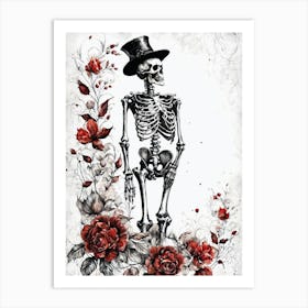Floral Skeleton With Hat Ink Painting (76) Art Print