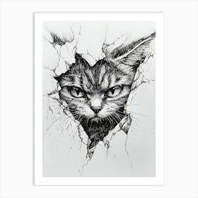 Angry Cat Watching from Wall Hole 21 Art Print