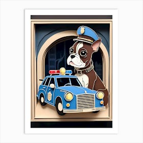 Boston Terrier And His Police Car-Reimagined Art Print