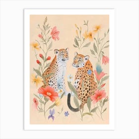 Folksy Floral Animal Drawing Leopard 2 Art Print