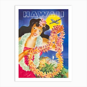 Hawaii, Hula Girl With Flower Wreath, Vintage Travel Poster Art Print