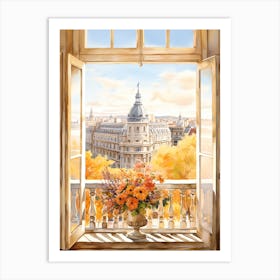 Window View Of Madrid Spain In Autumn Fall, Watercolour 1 Art Print