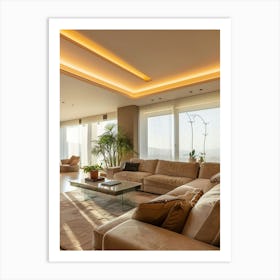 Modern Interior Living Room, Indirect Lighting, Beige Colors, Warm Lighting, Big Window, Art Print