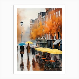 Amsterdam cafes, autumn season, rain, autumn oil colours.Faded colours,People passing on the street, winter clothes, rain umbrellas.1 3 Art Print