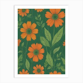 Orange Flowers On Green Background Art Print