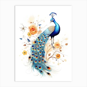A Peacock Watercolour In Autumn Colours 3 Art Print