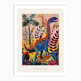 Colourful Blue Dinosaur With Parrots Poster Art Print