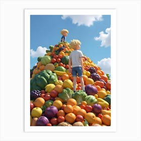 Two Boys Standing On A Mountain Of Fruits And Vegetables Art Print