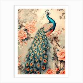 Peacock With Roses Art Print