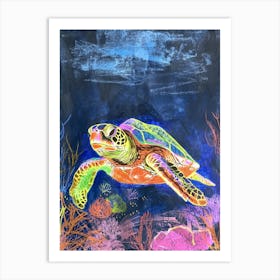 Neon Sea Turtle In The Sea At Night 1 Art Print