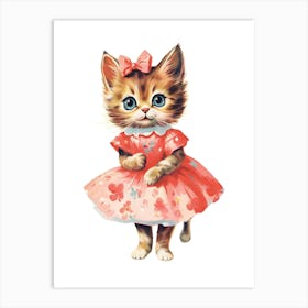 Vintage Cat Wearing A Pink Dress Kitsch Art Print