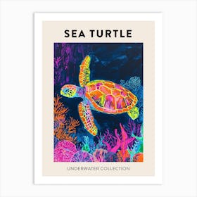 Neon Underwater Sea Turtle Poster 3 Art Print