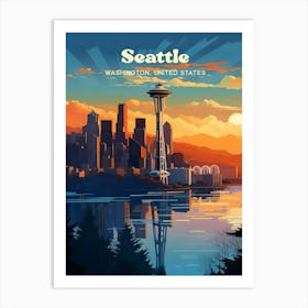 Seattle Washington USA Sunset Modern Travel Illustration Art Print