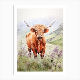 Cloudy Highland Cow In A Wildflower Field Art Print