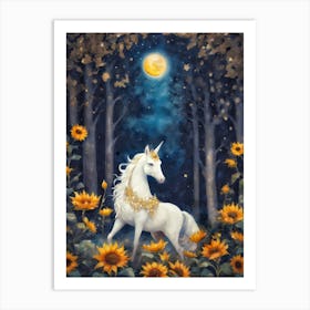 Blessed Lammas - Lucky White Unicorn - Pagan Fae Creatures by Sarah Valentine with Sunflowers and Full Moon Art Print