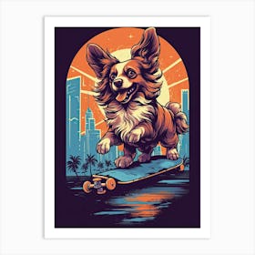 Papillon Dog Skateboarding Illustration 4 Art Print