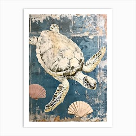 Sea Turtle & Shells White Collage Art Print