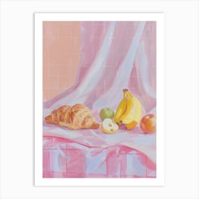 Pink Breakfast Food Bread, Croissants And Fruits 4 Art Print