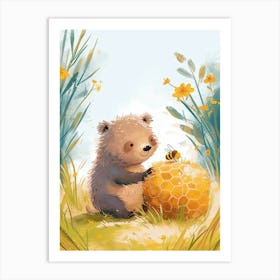 Sloth Bear Cub Playing With A Beehive Storybook Illustration 4 Art Print