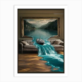 Surreal Escape River From Oil Painting Spills Into Living Room Scene 1 Art Print