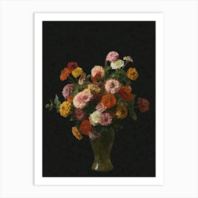 Zinnias, Flowers In A Vase, Dark Moody Floral Still Life Vintage Art Art Print