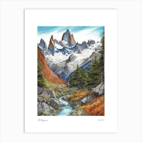 Patagonia Argentina Pencil Sketch 1 Watercolour Travel Poster Art Print