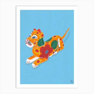 Tiger With Flowers On Blue Background Art Print
