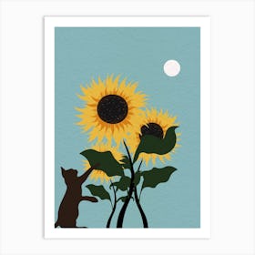 Vintage Minimal Art Cat Playing Sunflowers Art Print