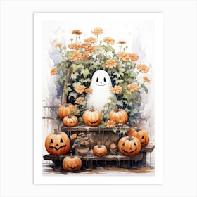 Cute Bedsheet Ghost, Botanical Halloween Watercolour 157 Art Print