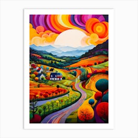 Vibrant Road Folk Art Style Art Print