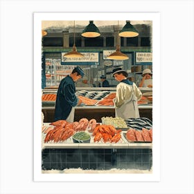 Art Deco Inspired Illustration Of People At A Fish Market Art Print