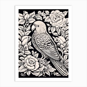 B&W Bird Linocut Parrot 3 Art Print
