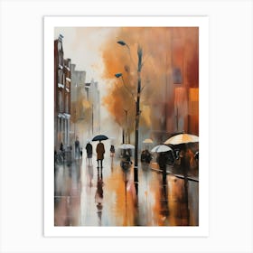 Amsterdam cafes, autumn season, rain, autumn oil colours.Faded colours,People passing on the street, winter clothes, rain umbrellas.9 1 Poster