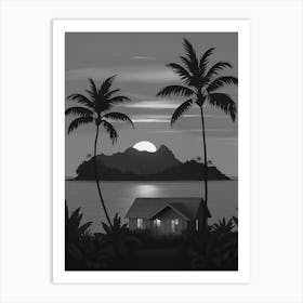 Tropical Sunset Silhouette Black And White Poster