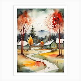 Watercolor - Autumn Village Art Print