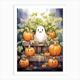 Cute Bedsheet Ghost, Botanical Halloween Watercolour 52 Art Print