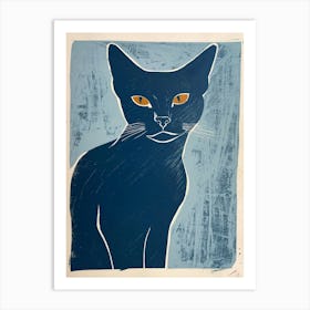 Russian Blue Cat Linocut Blockprint 2 Art Print