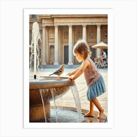 Little Girl Playing With Bird In Fountain Art Print