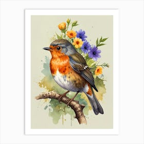 Bird of Robin With Flowers Art Print