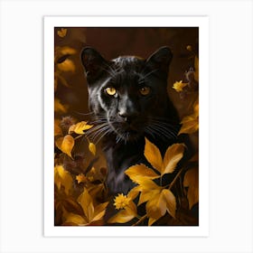 Black Panther In Autumn Leaves Art Print