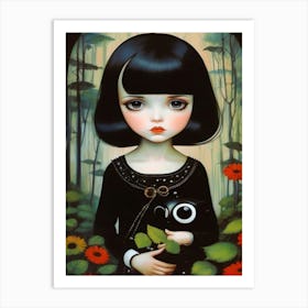 Big Eye Gothic Girl With Toy Owl Art Print