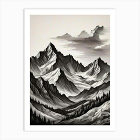 Monochrome Mountain Landscape Art Print (1) Art Print