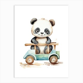 Baby Panda On A Toy Car, Watercolour Nursery 7 Art Print