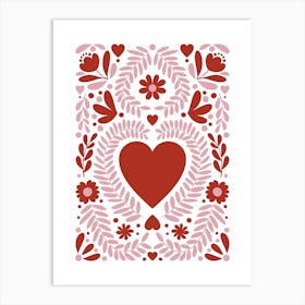 Folk Heart Red and Pink Art Print