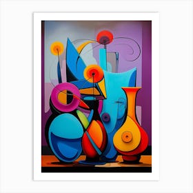 Still Life VI, Avant Garde Abstract Vibrant Painting in Cubism Picasso Style Art Print