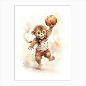 Monkey Painting Playing Basketball Watercolour 2 Art Print
