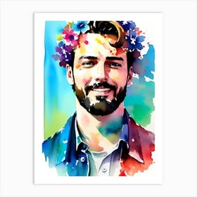 Portrait Of A Man With Flowers Art Print