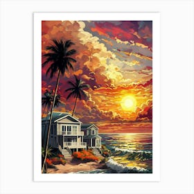 Vibrant Tropical Beach Sunset with Palm Trees Art Print