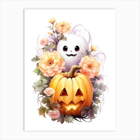 Cute Ghost With Pumpkins Halloween Watercolour 23 Art Print